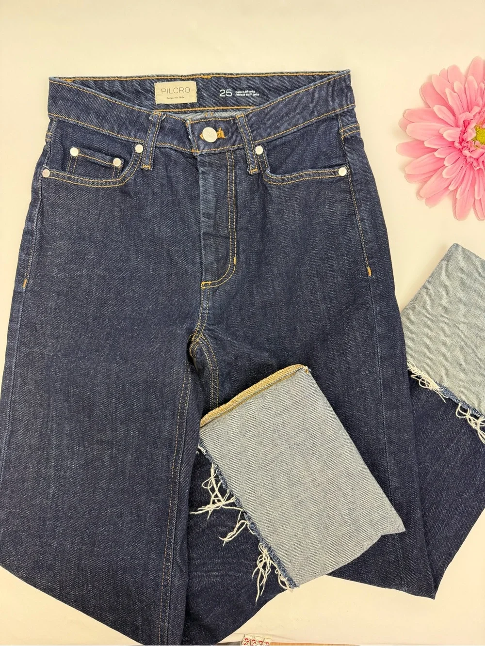 Pilcro X Anthropologie High Rise Cuffed Jeans Dark Wash Straight Wide Leg